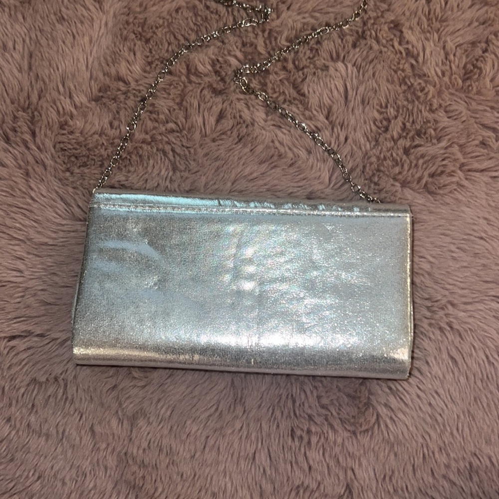 Silver formal classy clutch handbag small 8” purse removable chain link strap​ - Picture 4 of 14